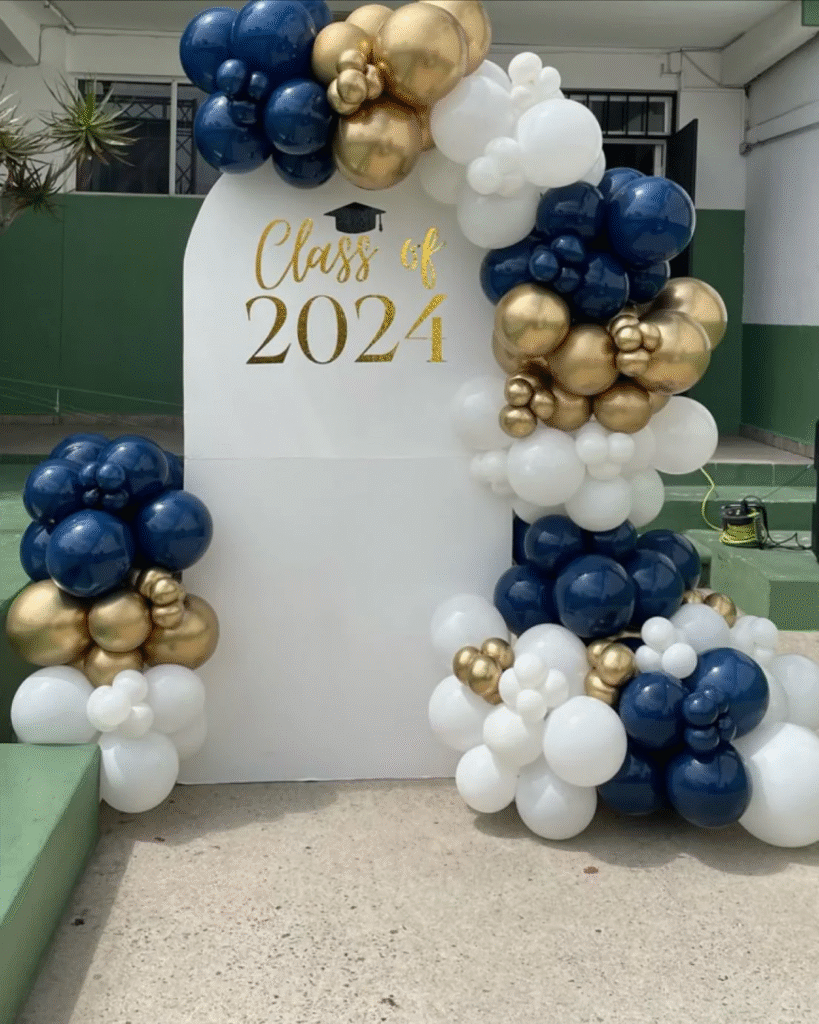 Blue, Gold and White Event Balloon Decor in Berkshire